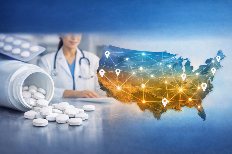 Oral GLP 1 weight loss medication shown alongside a US map illustrating nationwide access to prescription care